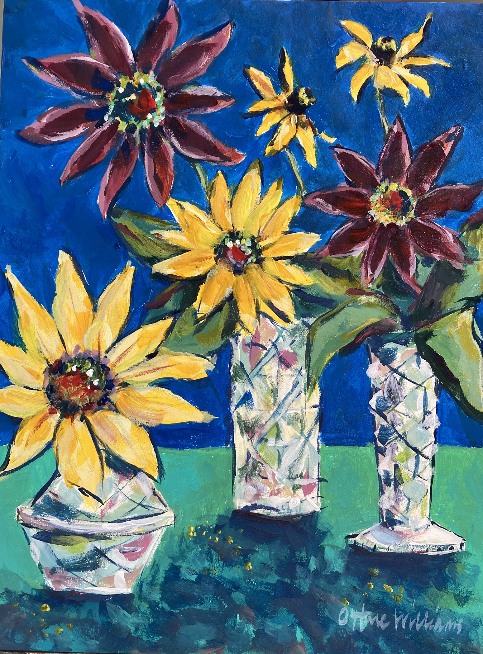 Quarantined with Sunflowers and Black-eyed Susans, acrylic painting of flowers with blue background