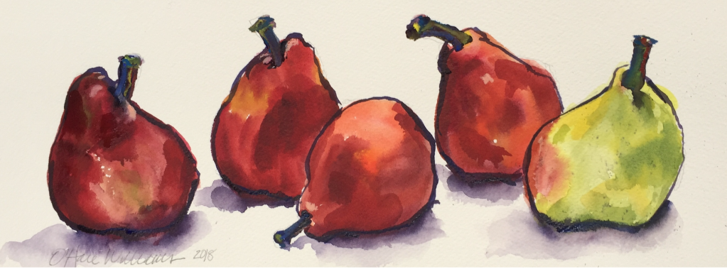 Five Pears, watercolor, 9" x 16"
