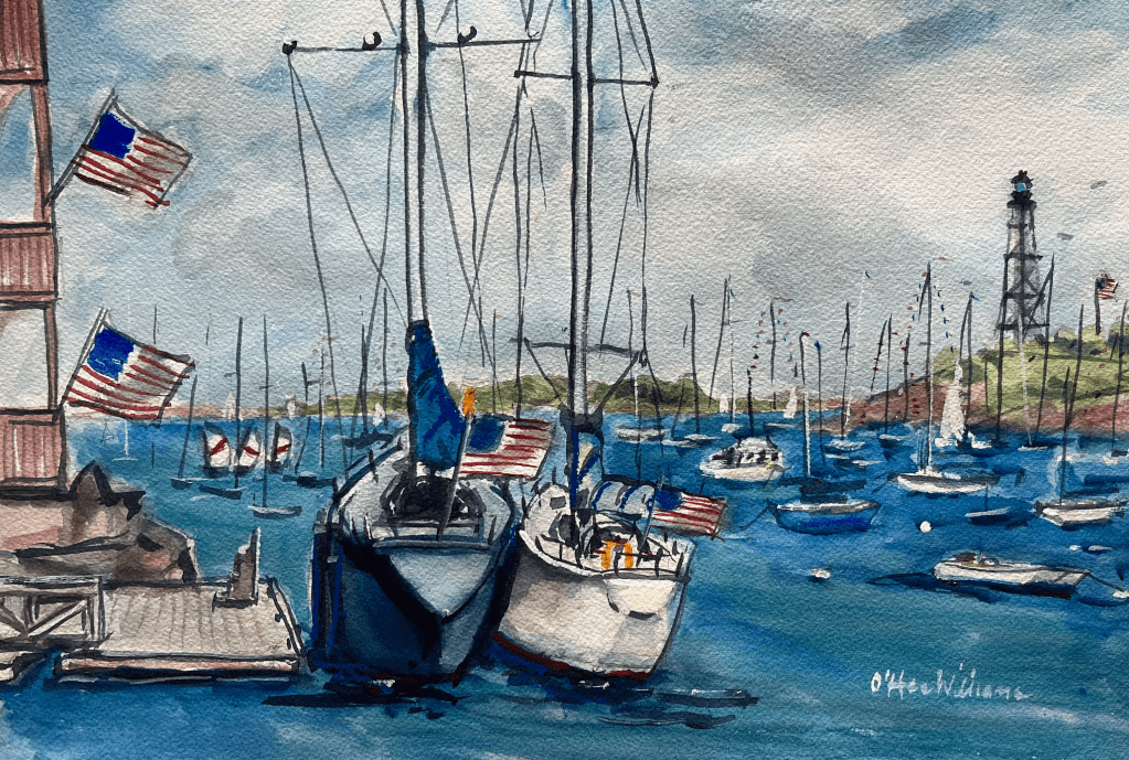 Marblehead 4th of July, ohare williams harbor view showing 2 yachts, lots of flags and lighthouse