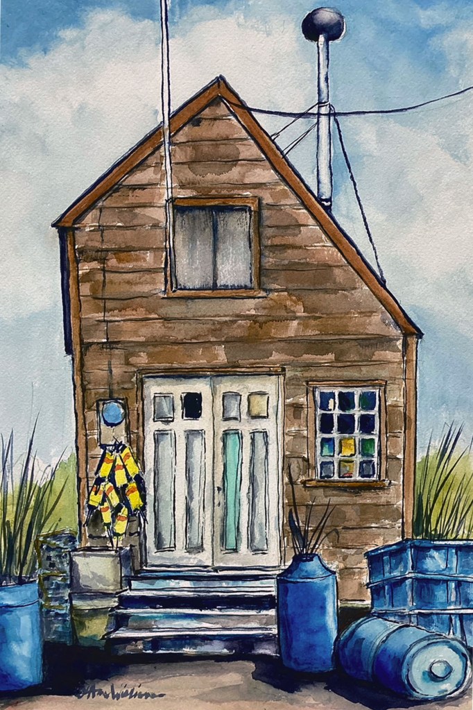 Marblehead Shanty I, fishermen's work shed located in safe inlets around the harbor. Painting by oharewilliams