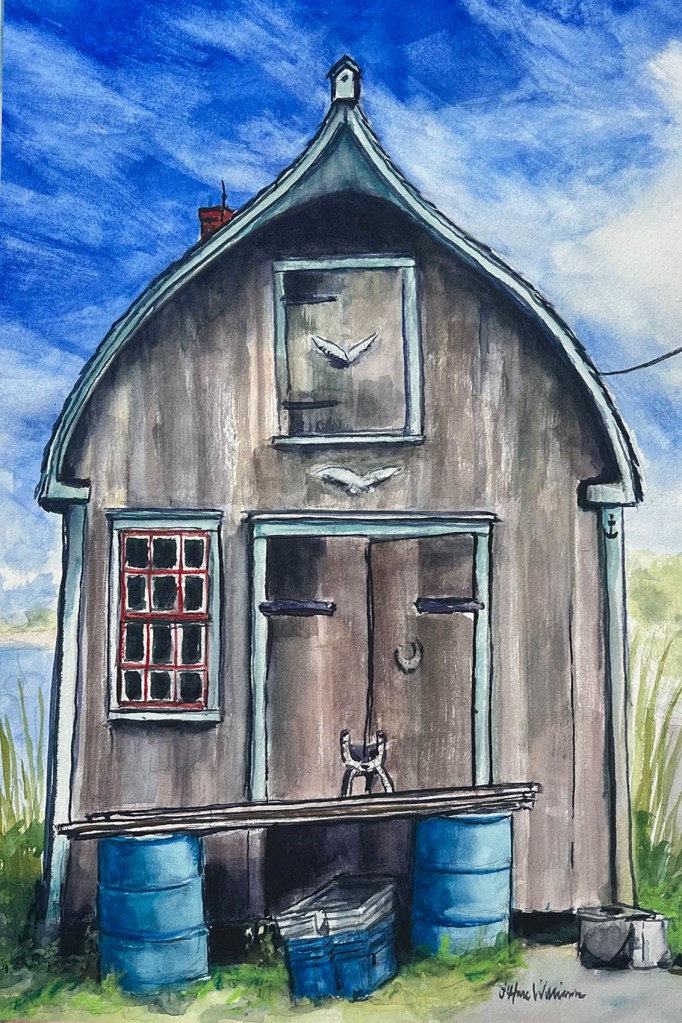 Marblehead Shanty 2, fishermen's work shed located in safe inlets around the harbor. Painting by oharewilliams