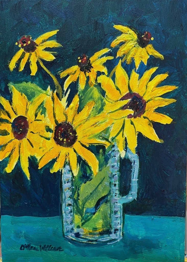 Cut Glass with Black Eyed Susans, acrylic painting by Patricia O'Hare Williams.