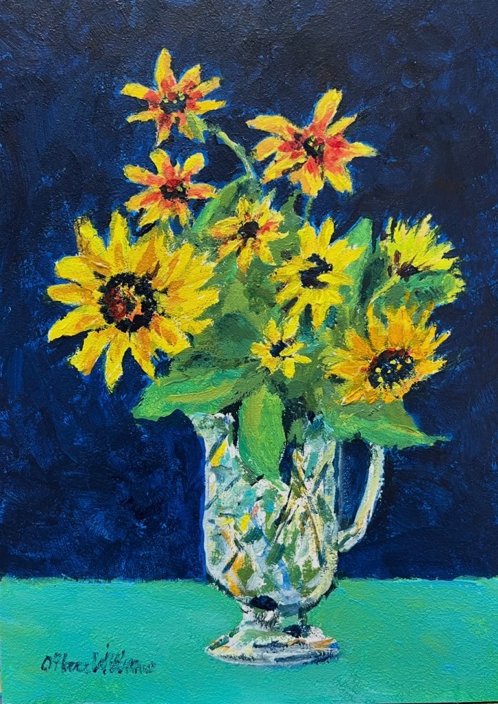 Cut glass pitcher with garden flowers with blue background painted by Patricia O'Hare Williams