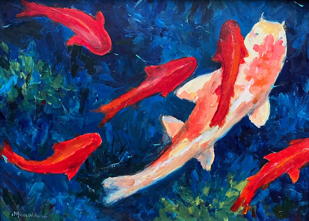 Large Koi with 5 small red fish
